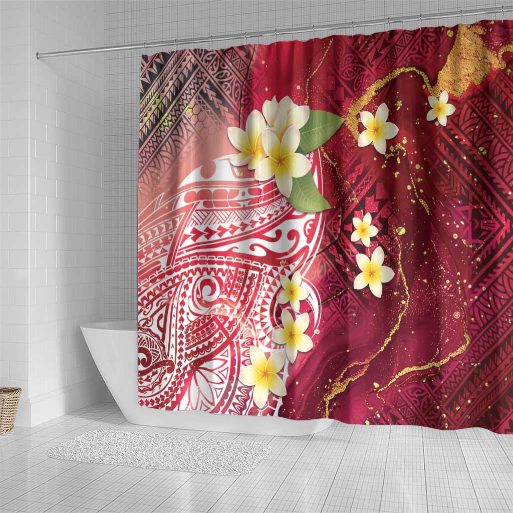 Polynesian Tribal Tattoo Shower Curtain Plumeria Blood Red and Gold Marble Pattern