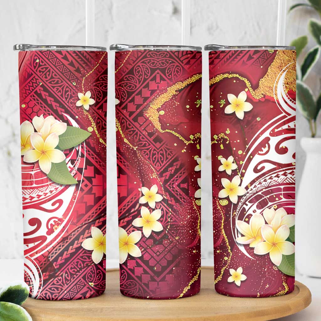 Polynesian Tribal Tattoo Skinny Tumbler Plumeria Blood Red and Gold Marble Pattern