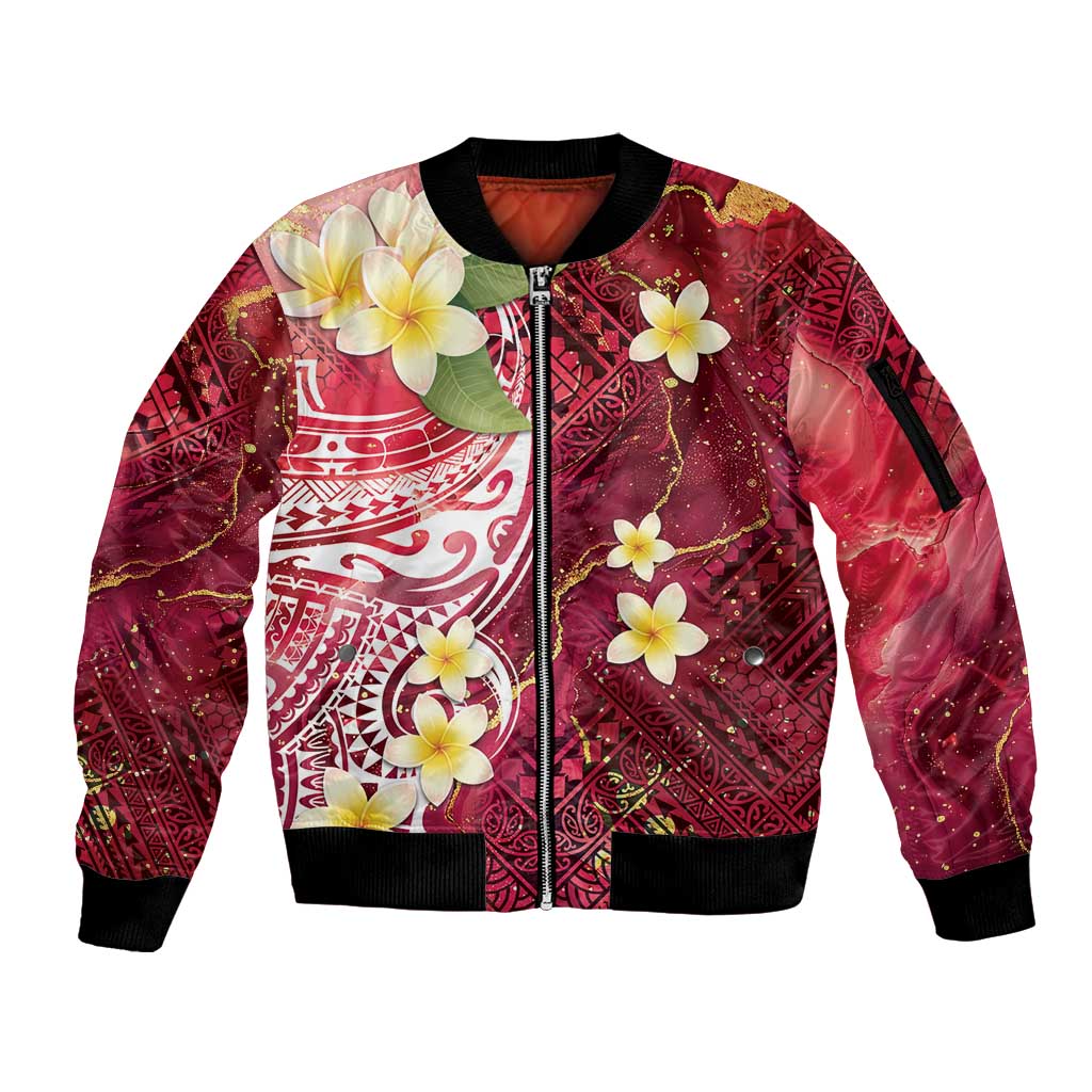 Polynesian Tribal Tattoo Sleeve Zip Bomber Jacket Plumeria Blood Red and Gold Marble Pattern