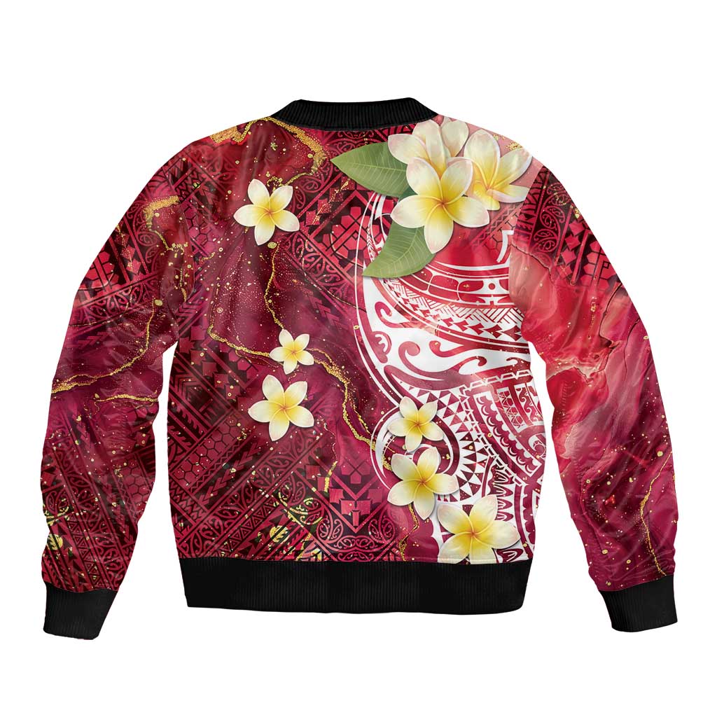 Polynesian Tribal Tattoo Sleeve Zip Bomber Jacket Plumeria Blood Red and Gold Marble Pattern