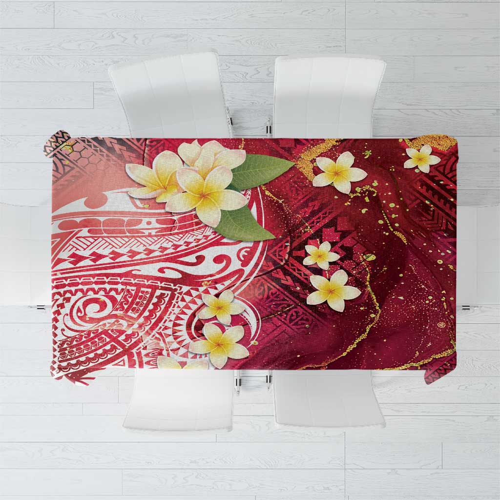 Polynesian Tribal Tattoo Tablecloth Plumeria Blood Red and Gold Marble Pattern