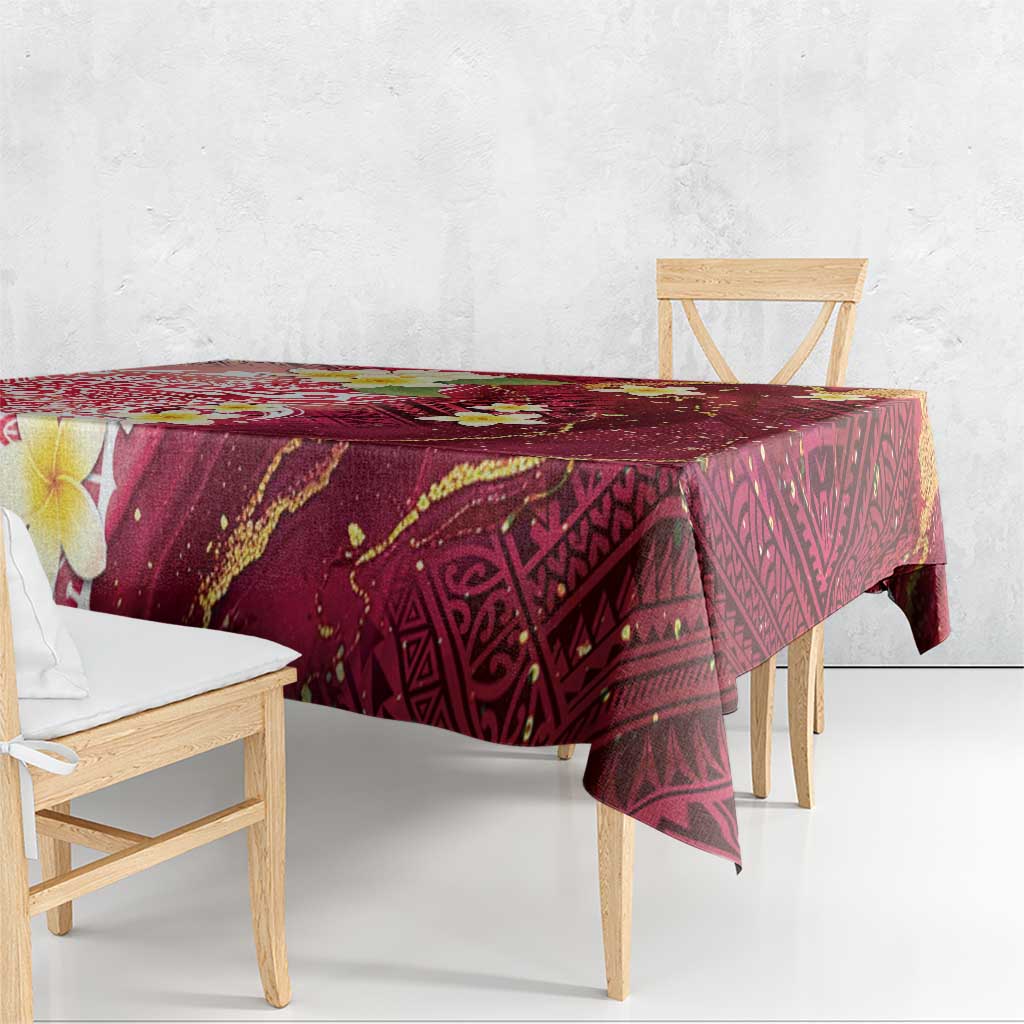 Polynesian Tribal Tattoo Tablecloth Plumeria Blood Red and Gold Marble Pattern