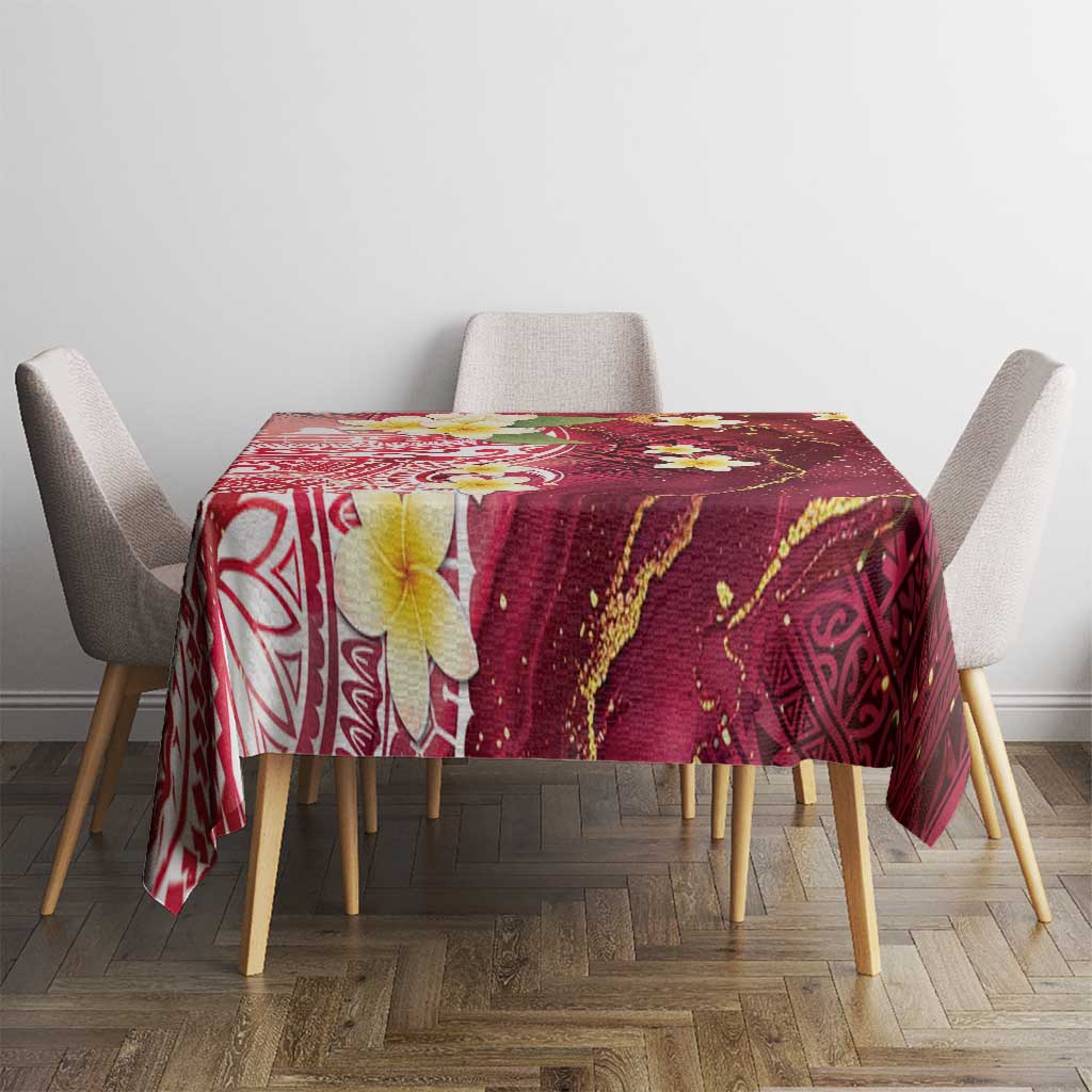 Polynesian Tribal Tattoo Tablecloth Plumeria Blood Red and Gold Marble Pattern