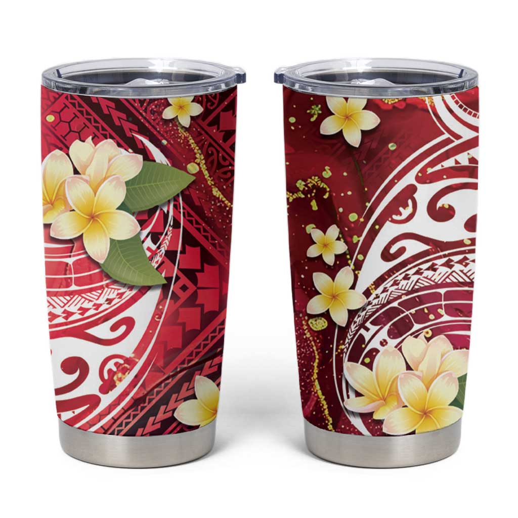 Polynesian Tribal Tattoo Tumbler Cup Plumeria Blood Red and Gold Marble Pattern
