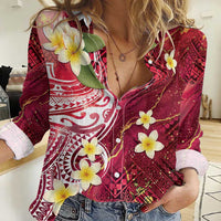 Polynesian Tribal Tattoo Women Casual Shirt Plumeria Blood Red and Gold Marble Pattern