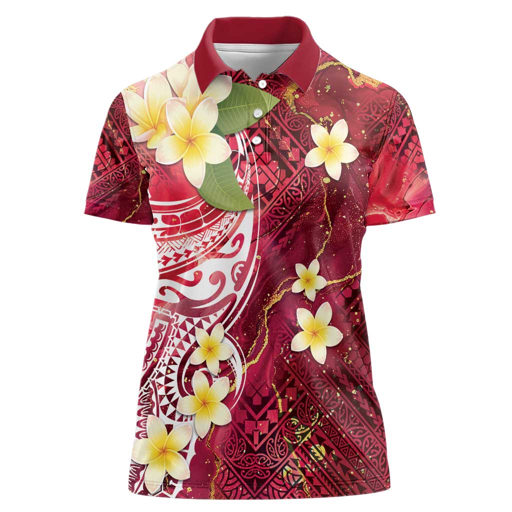 Polynesian Tribal Tattoo Women Polo Shirt Plumeria Blood Red and Gold Marble Pattern
