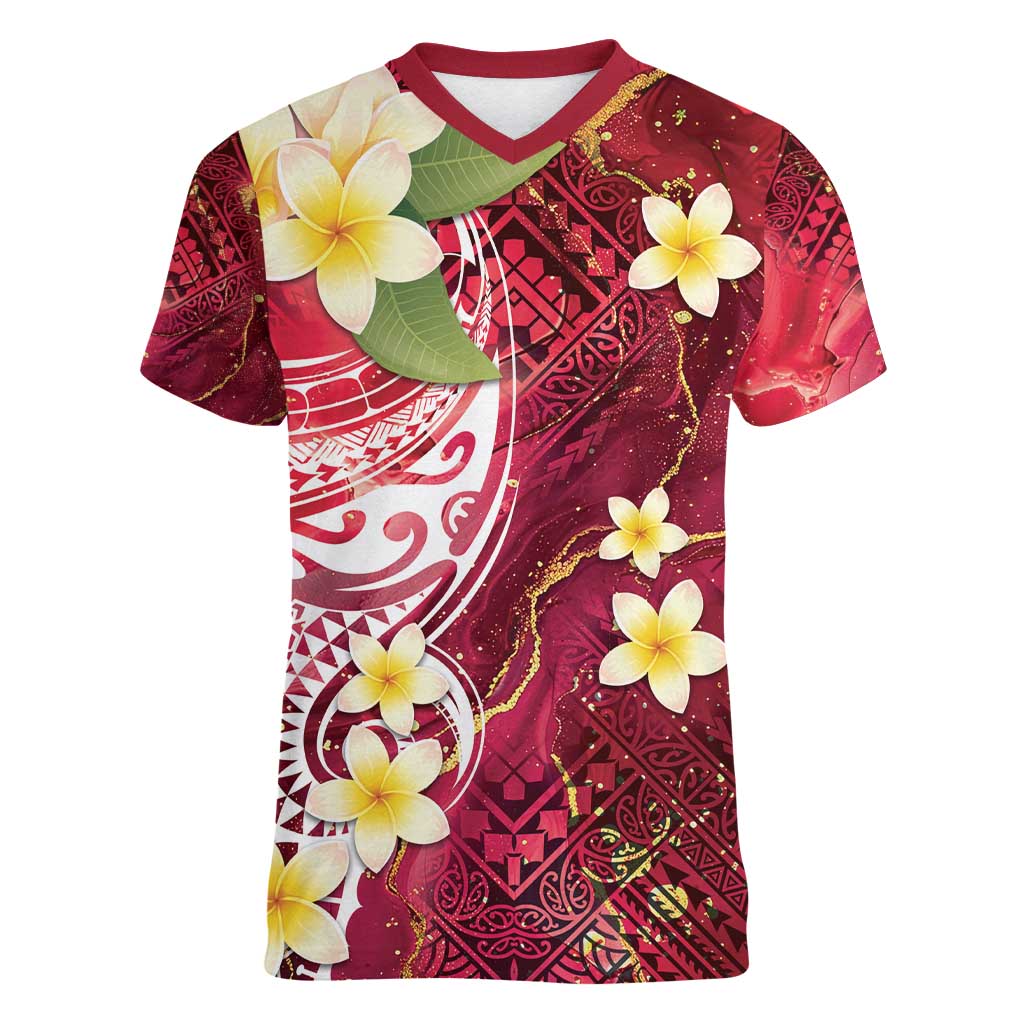 Polynesian Tribal Tattoo Women V-Neck T-Shirt Plumeria Blood Red and Gold Marble Pattern LT9 Female Red - Polynesian Pride
