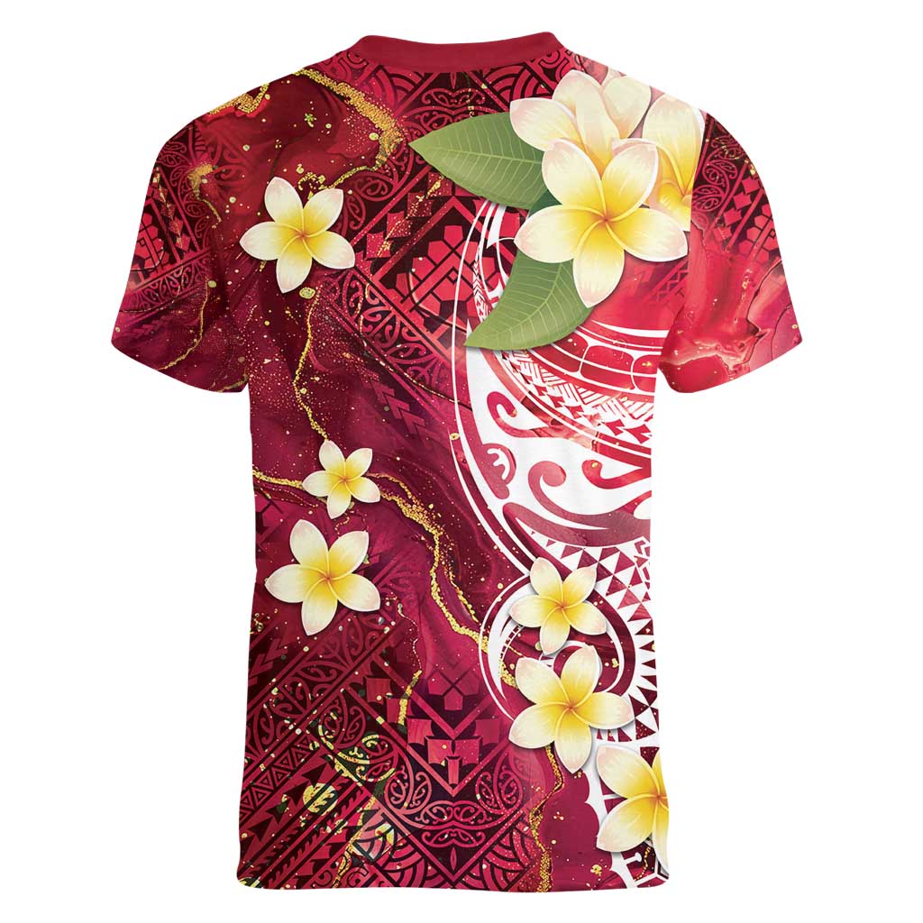Polynesian Tribal Tattoo Women V-Neck T-Shirt Plumeria Blood Red and Gold Marble Pattern LT9 - Polynesian Pride