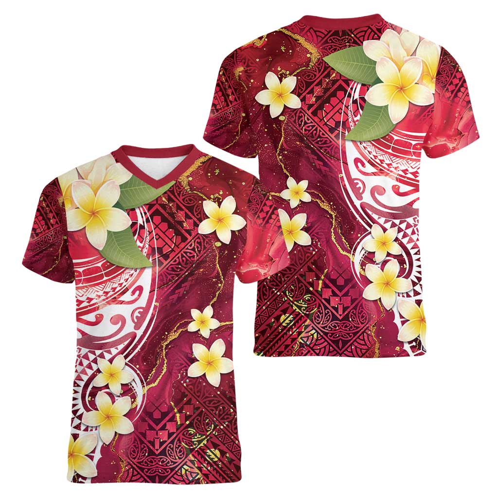 Polynesian Tribal Tattoo Women V-Neck T-Shirt Plumeria Blood Red and Gold Marble Pattern LT9 - Polynesian Pride