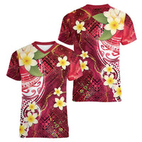 Polynesian Tribal Tattoo Women V-Neck T-Shirt Plumeria Blood Red and Gold Marble Pattern LT9 - Polynesian Pride