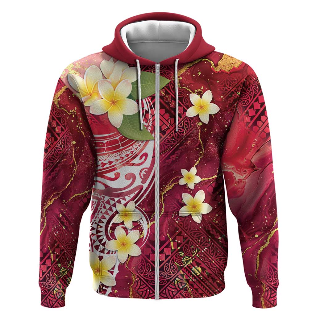 Polynesian Tribal Tattoo Zip Hoodie Plumeria Blood Red and Gold Marble Pattern