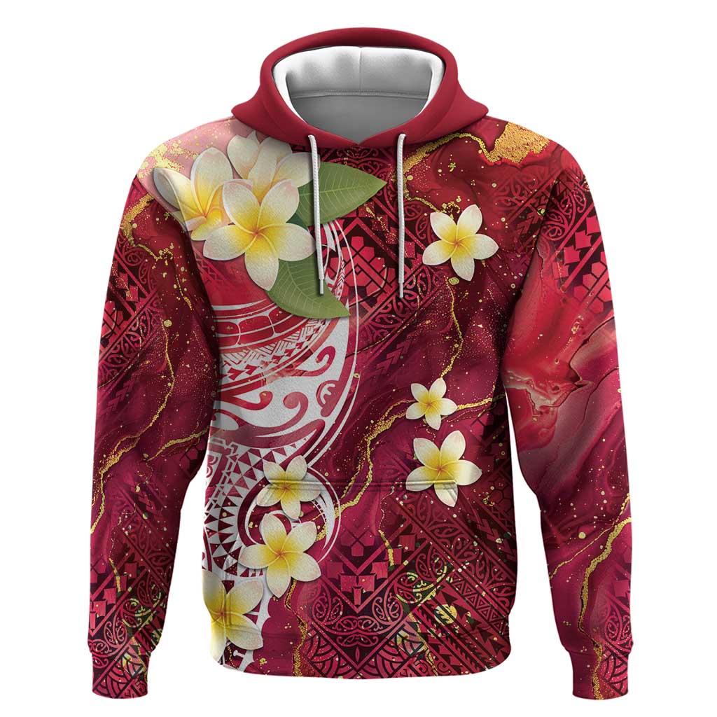 Polynesian Tribal Tattoo Zip Hoodie Plumeria Blood Red and Gold Marble Pattern