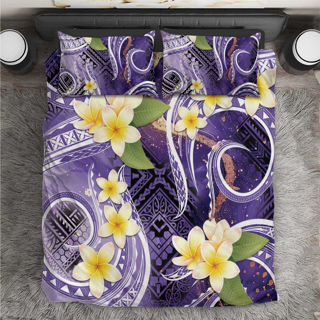 Polynesian Tribal Tattoo Bedding Set Plumeria Purple Marble Pattern