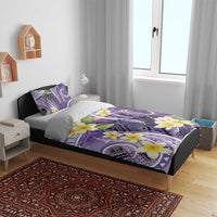 Polynesian Tribal Tattoo Bedding Set Plumeria Purple Marble Pattern