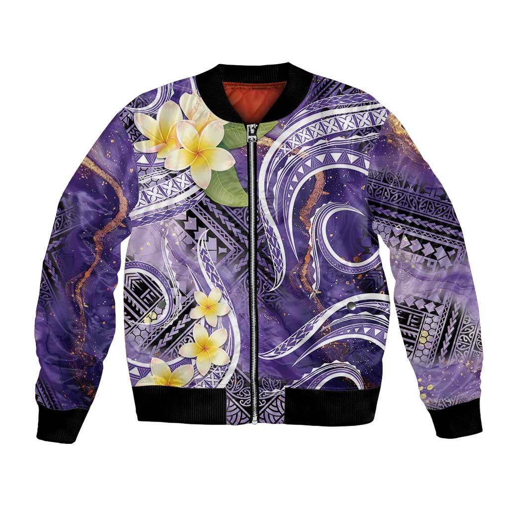Polynesian Tribal Tattoo Bomber Jacket Plumeria Purple Marble Pattern