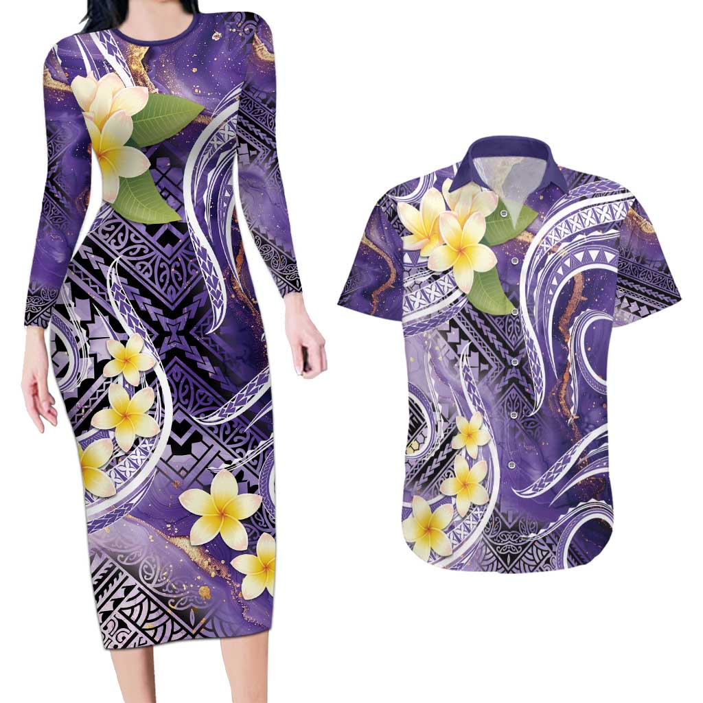 Polynesian Tribal Tattoo Couples Matching Long Sleeve Bodycon Dress and Hawaiian Shirt Plumeria Purple Marble Pattern