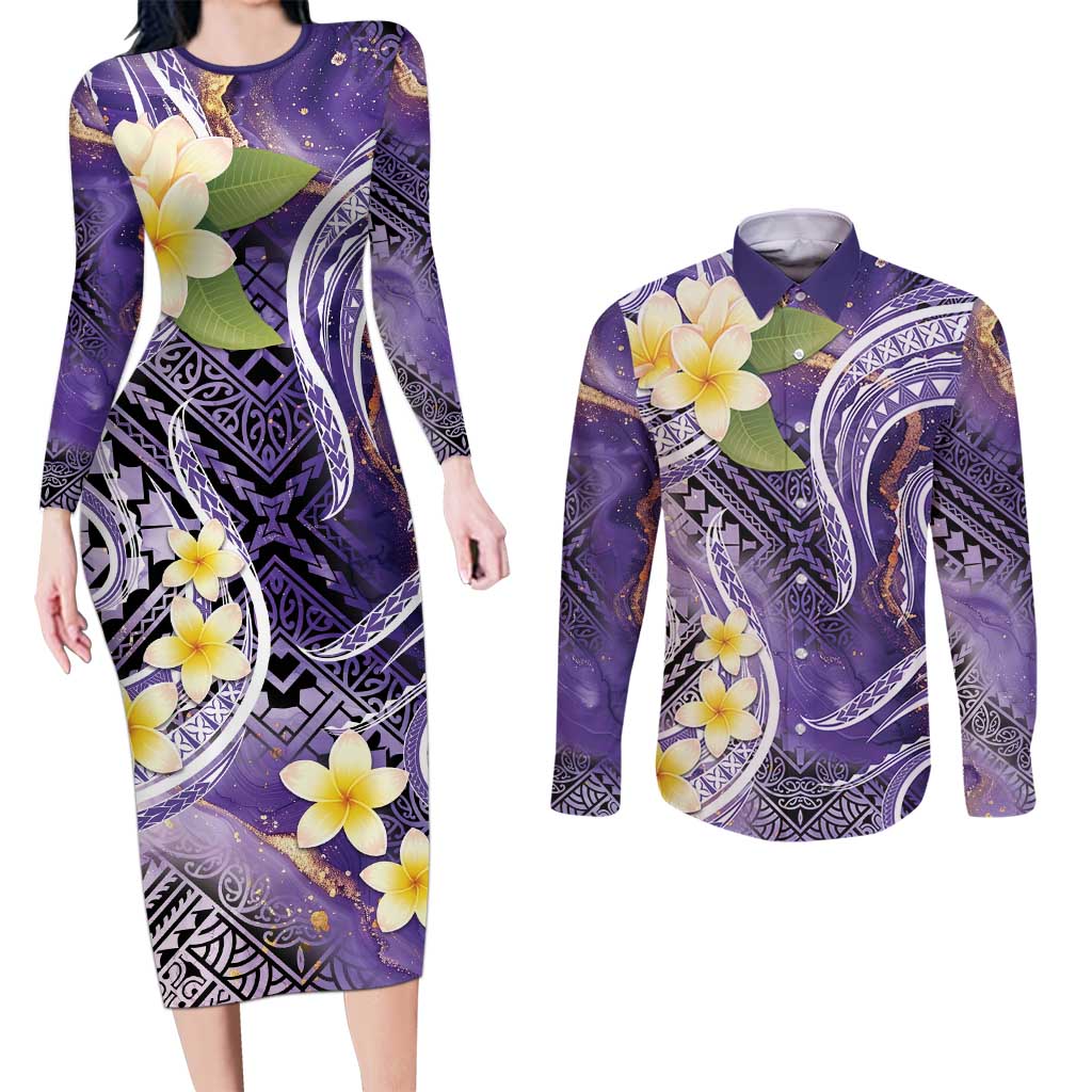 Polynesian Tribal Tattoo Couples Matching Long Sleeve Bodycon Dress and Long Sleeve Button Shirt Plumeria Purple Marble Pattern