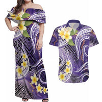 Polynesian Tribal Tattoo Couples Matching Off Shoulder Maxi Dress and Hawaiian Shirt Plumeria Purple Marble Pattern