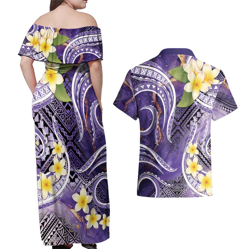 Polynesian Tribal Tattoo Couples Matching Off Shoulder Maxi Dress and Hawaiian Shirt Plumeria Purple Marble Pattern