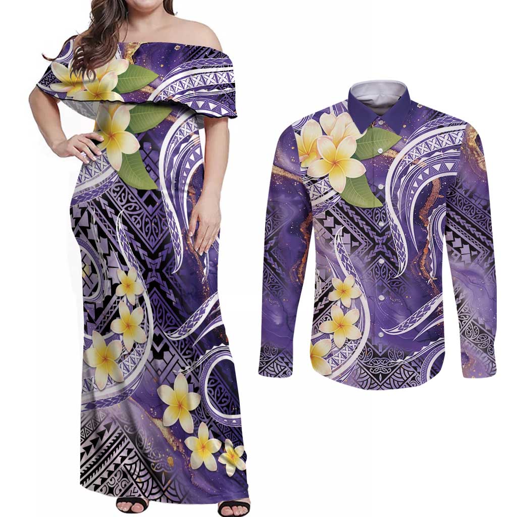 Polynesian Tribal Tattoo Couples Matching Off Shoulder Maxi Dress and Long Sleeve Button Shirt Plumeria Purple Marble Pattern