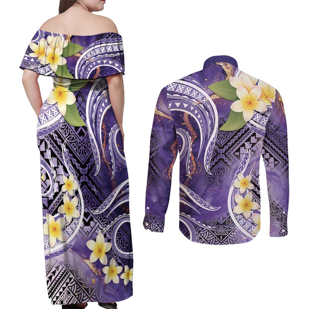 Polynesian Tribal Tattoo Couples Matching Off Shoulder Maxi Dress and Long Sleeve Button Shirt Plumeria Purple Marble Pattern