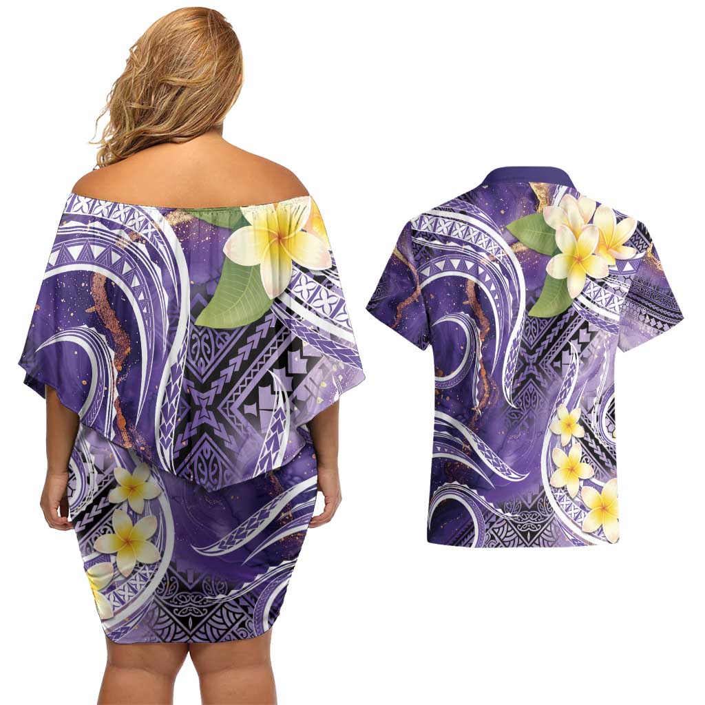 Polynesian Tribal Tattoo Couples Matching Off Shoulder Short Dress and Hawaiian Shirt Plumeria Purple Marble Pattern