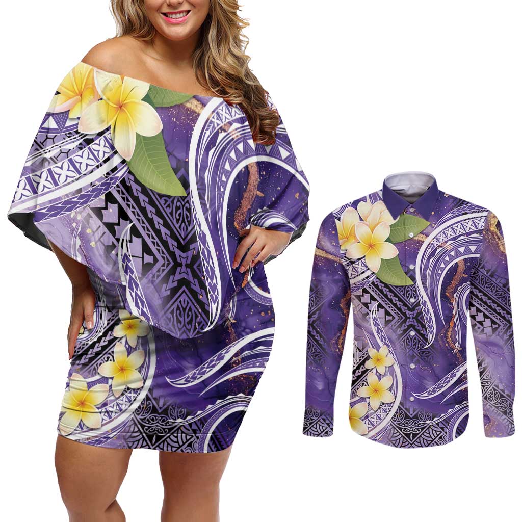 Polynesian Tribal Tattoo Couples Matching Off Shoulder Short Dress and Long Sleeve Button Shirt Plumeria Purple Marble Pattern