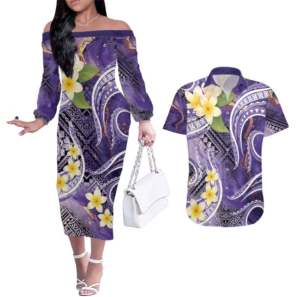Polynesian Tribal Tattoo Couples Matching Off The Shoulder Long Sleeve Dress and Hawaiian Shirt Plumeria Purple Marble Pattern