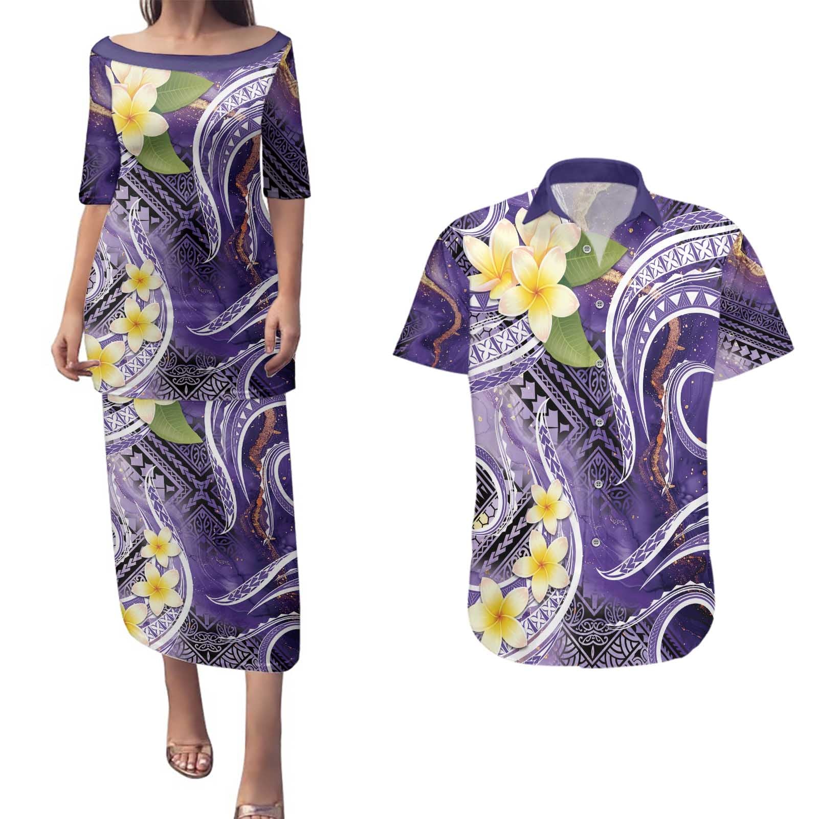 Polynesian Tribal Tattoo Couples Matching Puletasi and Hawaiian Shirt Plumeria Purple Marble Pattern
