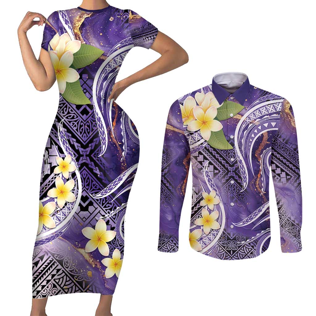 Polynesian Tribal Tattoo Couples Matching Short Sleeve Bodycon Dress and Long Sleeve Button Shirt Plumeria Purple Marble Pattern LT9 Purple - Polynesian Pride