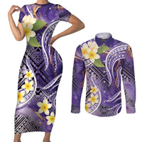Polynesian Tribal Tattoo Couples Matching Short Sleeve Bodycon Dress and Long Sleeve Button Shirt Plumeria Purple Marble Pattern LT9 Purple - Polynesian Pride