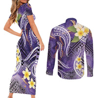 Polynesian Tribal Tattoo Couples Matching Short Sleeve Bodycon Dress and Long Sleeve Button Shirt Plumeria Purple Marble Pattern LT9 - Polynesian Pride