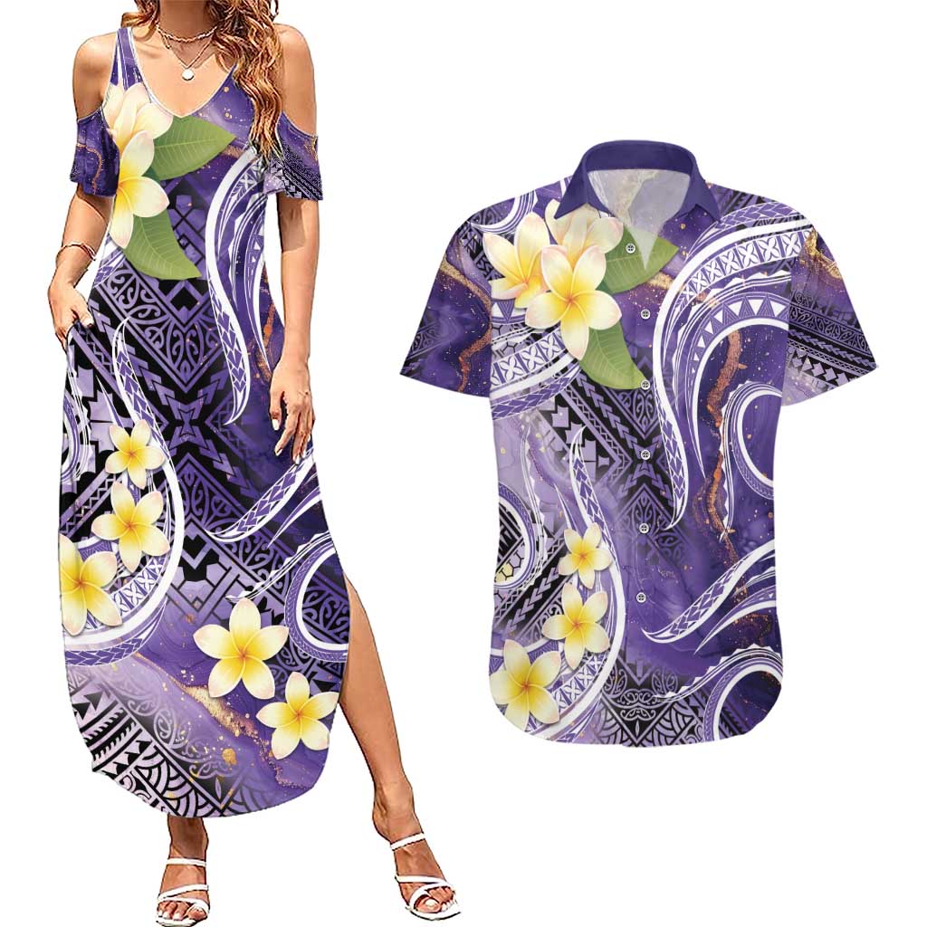Polynesian Tribal Tattoo Couples Matching Summer Maxi Dress and Hawaiian Shirt Plumeria Purple Marble Pattern