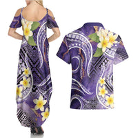 Polynesian Tribal Tattoo Couples Matching Summer Maxi Dress and Hawaiian Shirt Plumeria Purple Marble Pattern