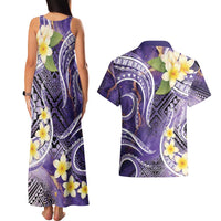 Polynesian Tribal Tattoo Couples Matching Tank Maxi Dress and Hawaiian Shirt Plumeria Purple Marble Pattern