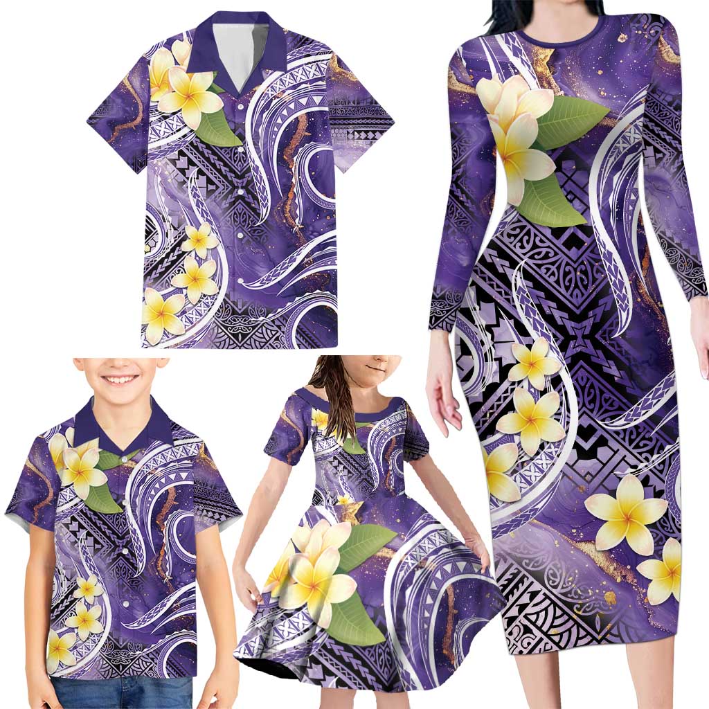 Polynesian Tribal Tattoo Family Matching Long Sleeve Bodycon Dress and Hawaiian Shirt Plumeria Purple Marble Pattern
