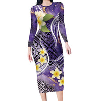 Polynesian Tribal Tattoo Family Matching Long Sleeve Bodycon Dress and Hawaiian Shirt Plumeria Purple Marble Pattern