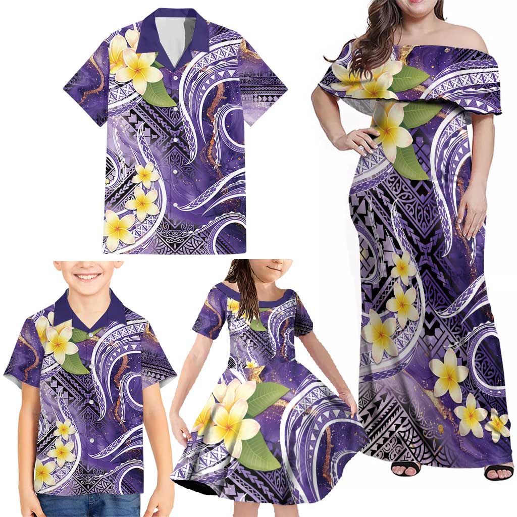 Polynesian Tribal Tattoo Family Matching Off Shoulder Maxi Dress and Hawaiian Shirt Plumeria Purple Marble Pattern