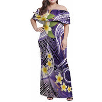 Polynesian Tribal Tattoo Family Matching Off Shoulder Maxi Dress and Hawaiian Shirt Plumeria Purple Marble Pattern