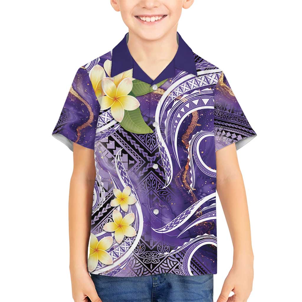 Polynesian Tribal Tattoo Family Matching Off Shoulder Maxi Dress and Hawaiian Shirt Plumeria Purple Marble Pattern