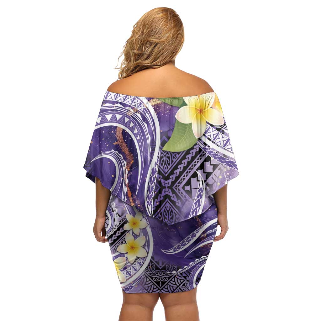 Polynesian Tribal Tattoo Family Matching Off Shoulder Short Dress and Hawaiian Shirt Plumeria Purple Marble Pattern