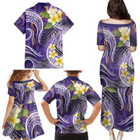 Polynesian Tribal Tattoo Family Matching Puletasi and Hawaiian Shirt Plumeria Purple Marble Pattern