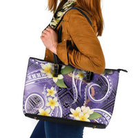 Polynesian Tribal Tattoo Leather Tote Bag Plumeria Purple Marble Pattern