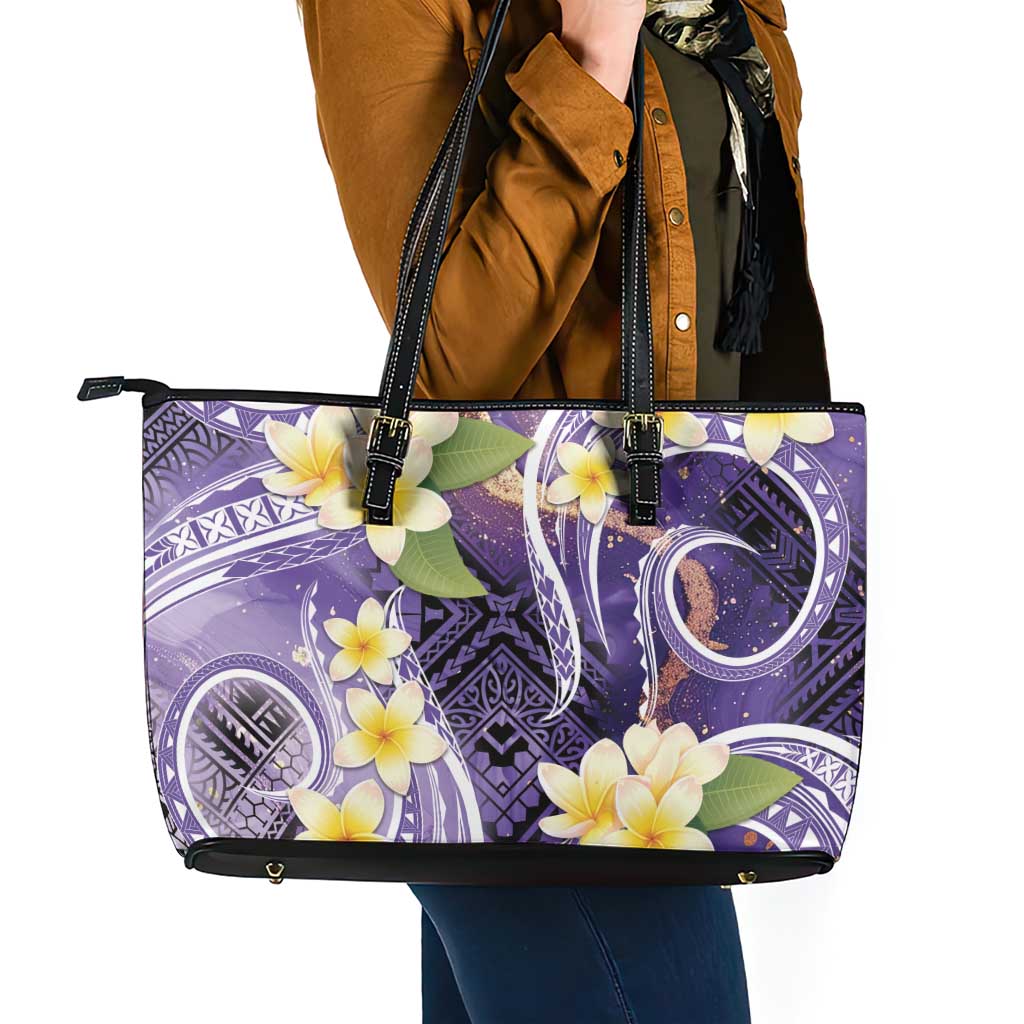 Polynesian Tribal Tattoo Leather Tote Bag Plumeria Purple Marble Pattern