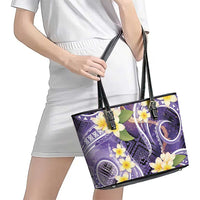 Polynesian Tribal Tattoo Leather Tote Bag Plumeria Purple Marble Pattern
