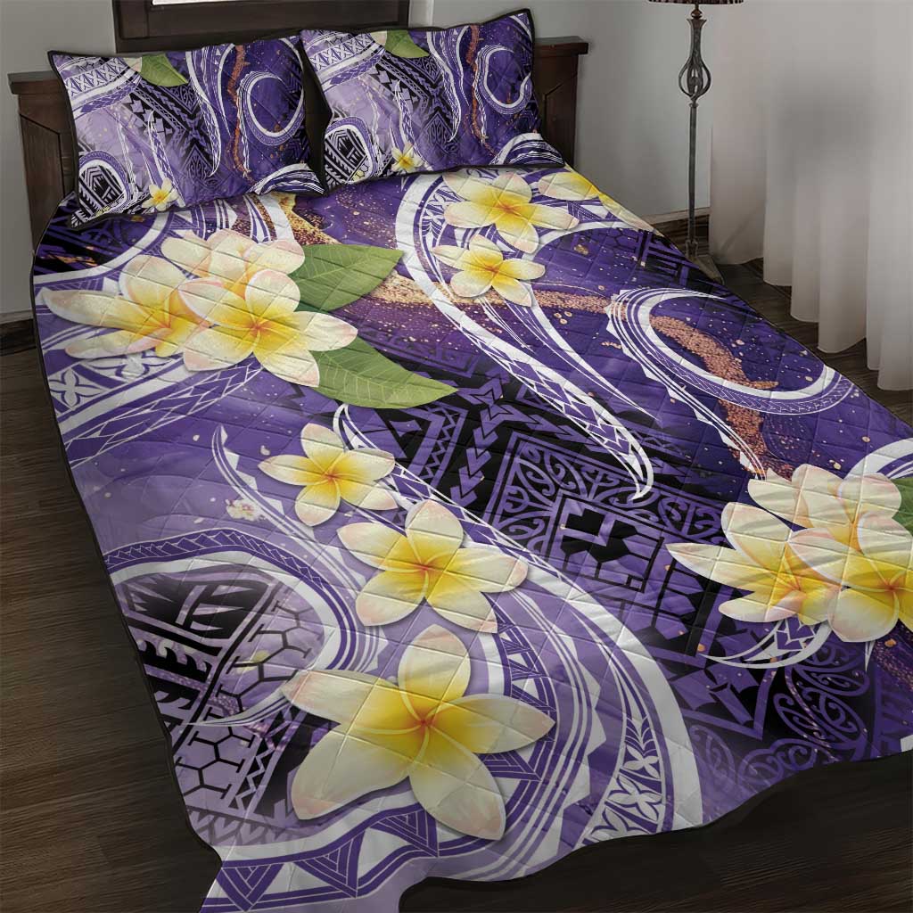 Polynesian Tribal Tattoo Quilt Bed Set Plumeria Purple Marble Pattern
