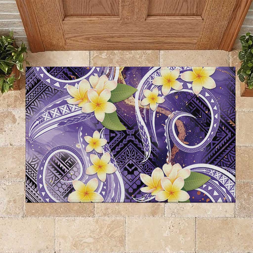 Polynesian Tribal Tattoo Rubber Doormat Plumeria Purple Marble Pattern