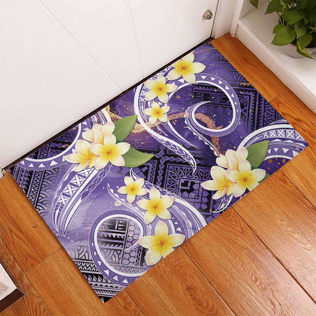 Polynesian Tribal Tattoo Rubber Doormat Plumeria Purple Marble Pattern