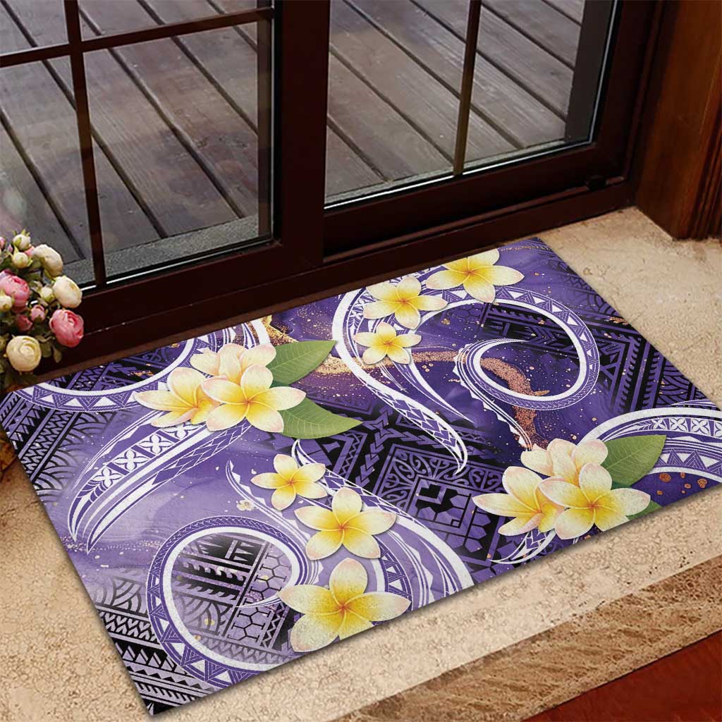 Polynesian Tribal Tattoo Rubber Doormat Plumeria Purple Marble Pattern