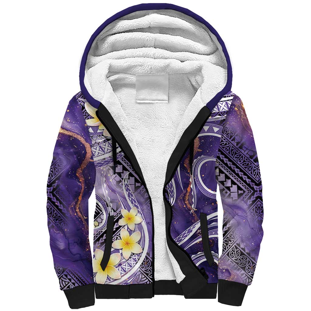 Polynesian Tribal Tattoo Sherpa Hoodie Plumeria Purple Marble Pattern